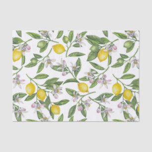 Lemon branches with blossoms and fruit on white tissuepapier
