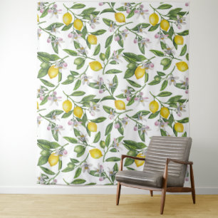 Lemon branches with blossoms and fruit on white wandkleed
