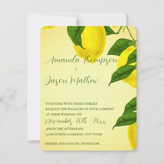 Lemon Bright Yellow Citrus Wedding Invitati Kaart (Voorkant)