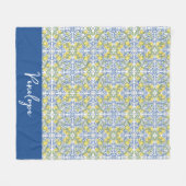 Lemon Citrus Blue Mediterranean Tile Pattern Fleece Deken (Voorkant (Horizontaal))