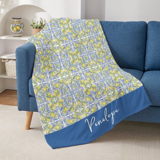 Lemon Citrus Blue Mediterranean Tile Pattern Fleece Deken