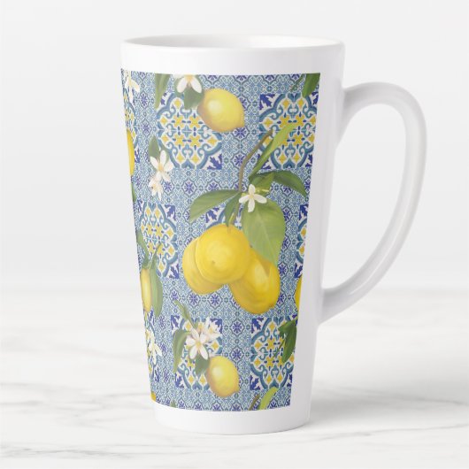 Lemon Citrus Floral Blue n White  Farmhouse Latte Mok (Rechts)