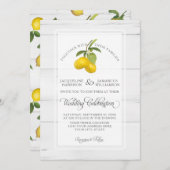 Lemon Citrus Floral Yellow White Grey Wood Weddens Kaart (Voorkant / Achterkant)