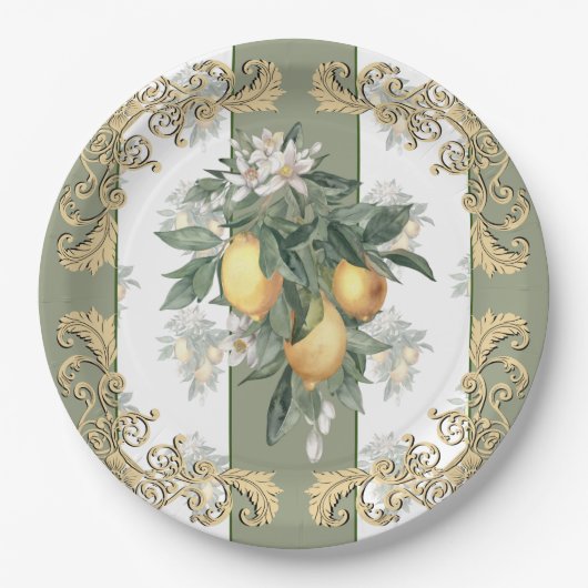 Lemon Citrus | Groen en wit gestreept legant Papieren Bordje (Voorkant)