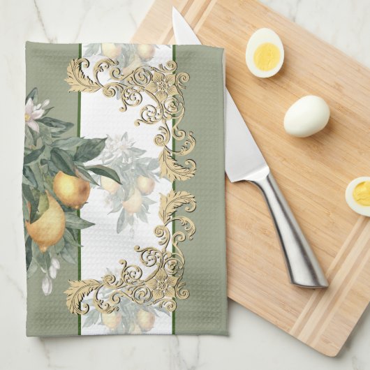 Lemon Citrus | Groen en wit gestreept legant Theedoek (Quarter Fold)