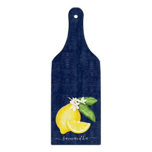 Lemon Citrus Monogram Navy Blue Snijplank (Voorkant)
