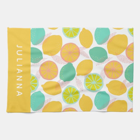 Lemon Citrus Pattern in Blauwgroen Geel Gepersonal Theedoek (Horizontaal)