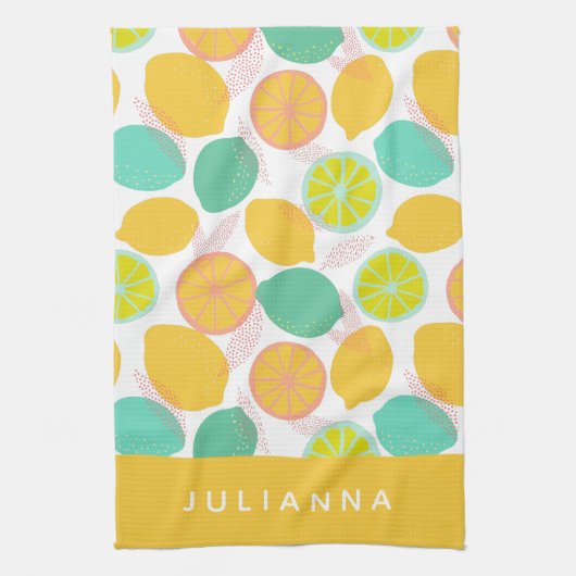 Lemon Citrus Pattern in Blauwgroen Geel Gepersonal Theedoek (Verticaal)
