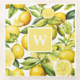 Lemon Citrus Pattern Monogram Glazen Onderzetter