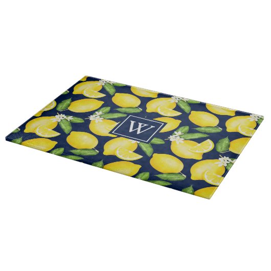 Lemon Citrus Pattern Monogram Navy Blue Snijplank (Hoek)