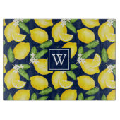 Lemon Citrus Pattern Monogram Navy Blue Snijplank (Voorkant)