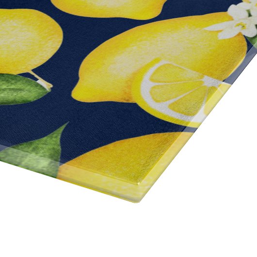 Lemon Citrus Pattern Monogram Navy Blue Snijplank (Hoek)