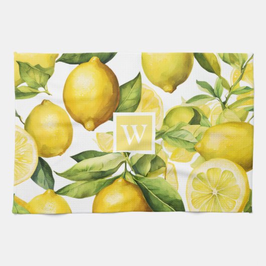 Lemon Citrus Pattern Monogram Theedoek (Horizontaal)