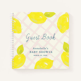 Lemon Citrus Pink Check Baby shower Guest Book Notitieboek
