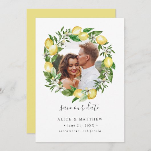 Lemon Citrus Wreath Fotobruiloft met de datum Save The Date (Voorkant / Achterkant)