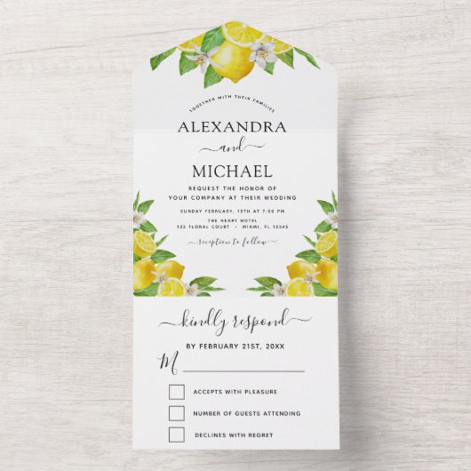 Lemon Citrus Yellow Wedding Summer All In One Uitnodiging (Binnen)