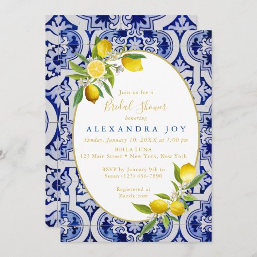 Lemon en blauwe Spaanse tegel uitnodiging (Voorkant / Achterkant)