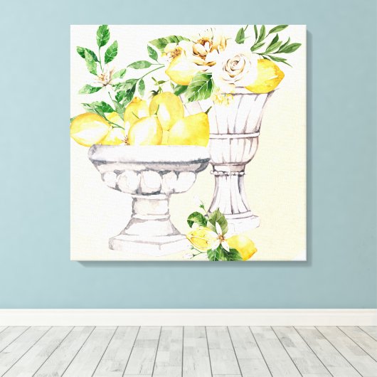 Lemon en bloemen in de waterverf Middellandse Zee Canvas Afdruk (Insitu (Houten vloer))