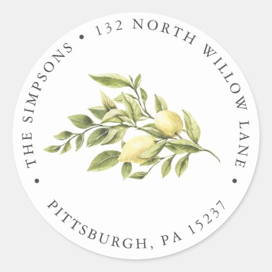  Lemon en Greenery Return Address Ronde Sticker (Voorkant)