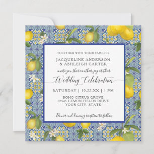 Lemon Floral Citrus Blue and White Tile Wedding Kaart