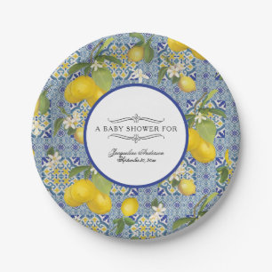 Lemon Floral Citrus Foliage Blue White Baby shower Papieren Bordje
