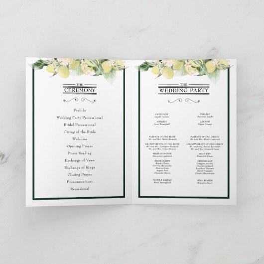 Lemon Floral Monogram White Wedding Folded Programma (Binnen)