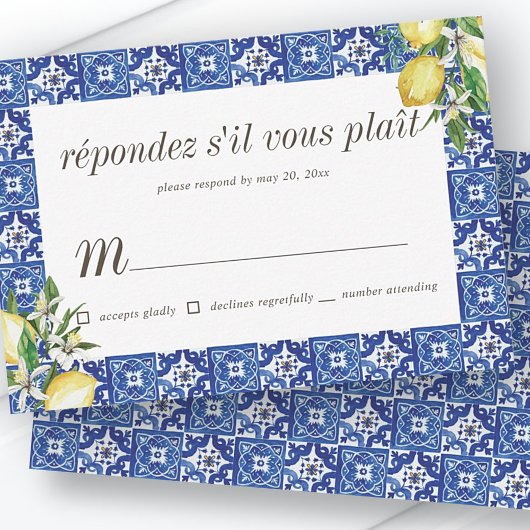 Lemon Foliage Blue Mediterranean Wedding RSVP