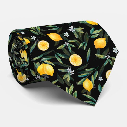 Lemon Fruit en Lemon Blossom Elegant Black Stropdas (Opgerold)