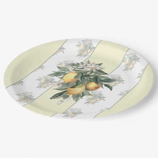 Lemon Fruit | Geel en wit gestreept Papieren Bordje (Gekanteld)