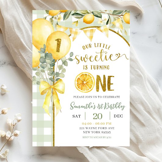 Lemon Gingham 1st birthday invitation Kaart