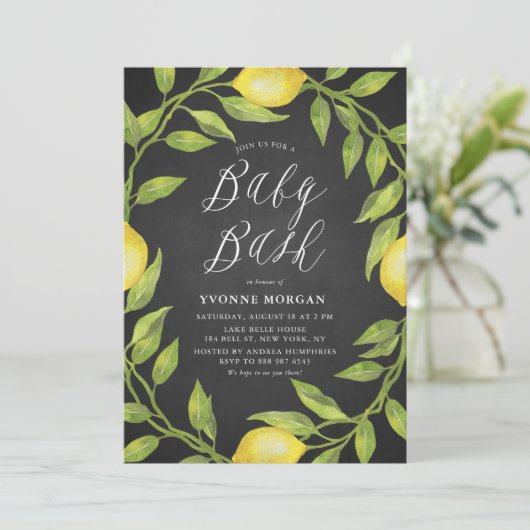 Lemon Greenery Wreath Chalkboard Baby shower Bash Kaart (Staand voorkant)