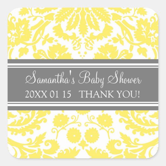 Lemon Grey Damask Baby shower Favor Stickers (Voorkant)