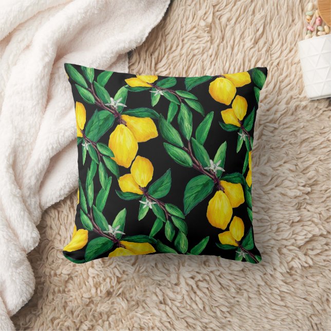 Lemon Leaf Yellow Green Black Pattern Throw Pillow Kussen (Deken)
