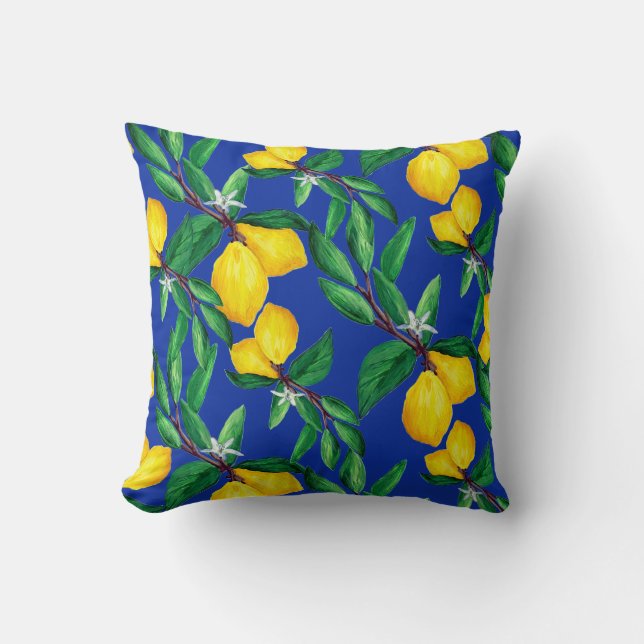 Lemon Leaf Yellow Green Blue Pattern Throw Pillow Kussen (Voorkant)