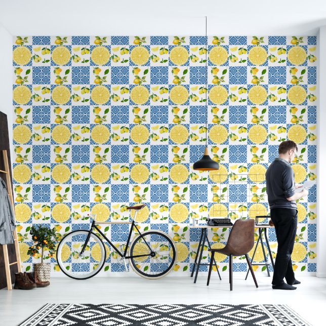 Lemon Mediterranean French Country Tile Pattern Behang (Woonkamer)