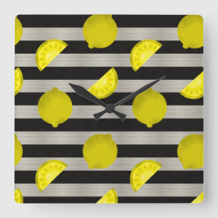 Lemon Modern Black & White Stripes Vierkante Klok