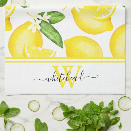 Lemon Monogram Botanisch Wit  Theedoek (Gevouwen)