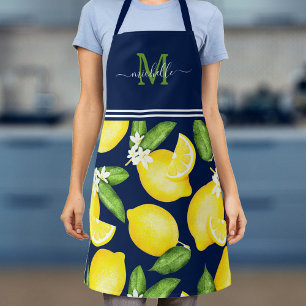 Lemon Monogram Botanische marineblauw Schort