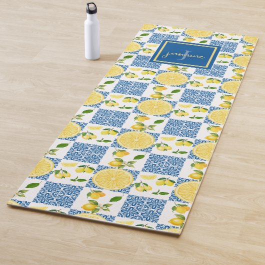 Lemon Monogram Name French Country Tile Pattern Yogamat (In situ)