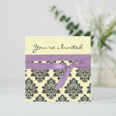 Lemon & paars linen Damask baby shower nodigen Kaart (Staand voorkant)