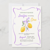 Lemon Paarse Bow Eerste Verjaardagsfeest Kaart (Voorkant)
