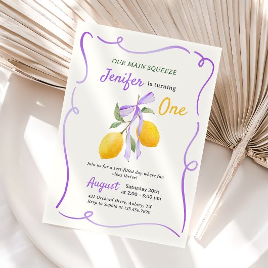 Lemon Paarse Bow Eerste Verjaardagsfeest Kaart
