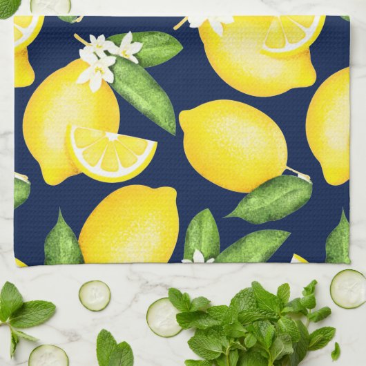 Lemon Pattern Navy Blue Theedoek (Gevouwen)
