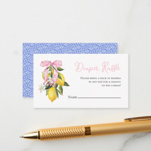 Lemon Pink Bow coquette baby shower Luier Raffle Informatiekaartje (Voorkant / Achterkant in situ)