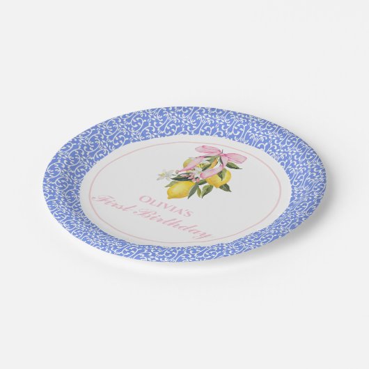 Lemon Pink Bow preppy 1e verjaardag Papieren Bordje (Gekanteld)