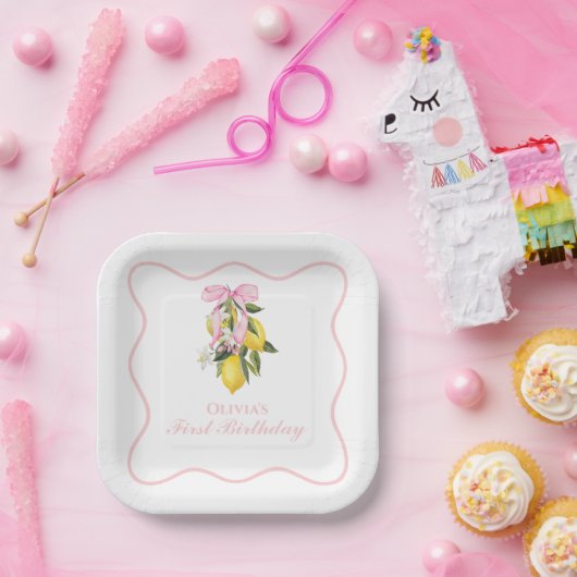 Lemon Pink Bow preppy Coquette 1e verjaardag Papieren Bordje (Feest)