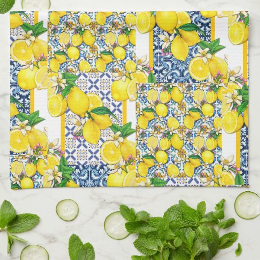 Lemon Portugal Azulejo Mediterranean Santorini Theedoek (Gevouwen)