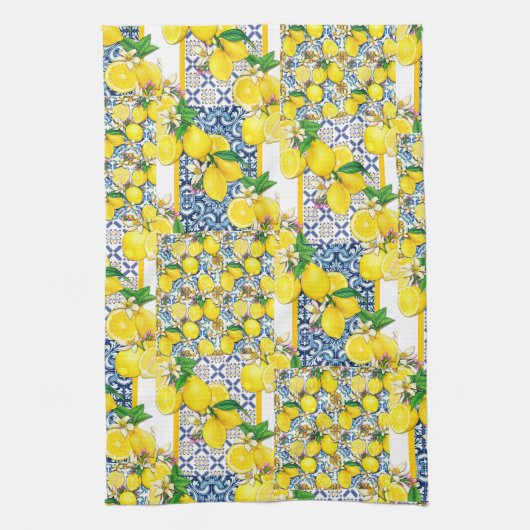 Lemon Portugal Azulejo Mediterranean Santorini Theedoek (Verticaal)