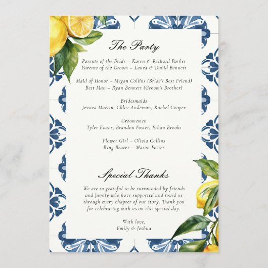 Lemon Positano Italiaanse huwelijksceremonie progr Programma (Achterkant)