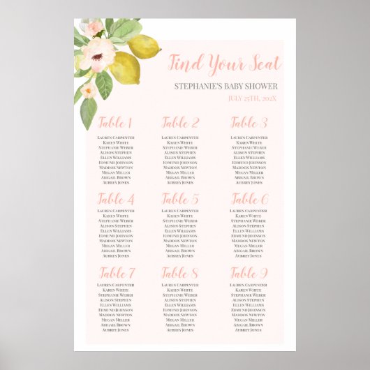 Lemon roze Baby shower Girl Seating Chart Poster (Voorkant)